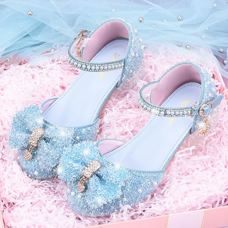 Princess-Style Crystal Rhinestone Half- Strap Sandals High-Heeled Comfortable Casual Shoes for Little Girls