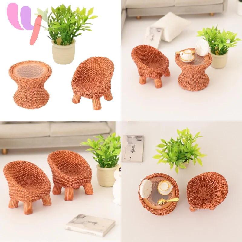Simulation Bamboo Round Table Chair Miniature Scene Decoration Ornament Dollhouse Mini Furniture Model Craft Gift