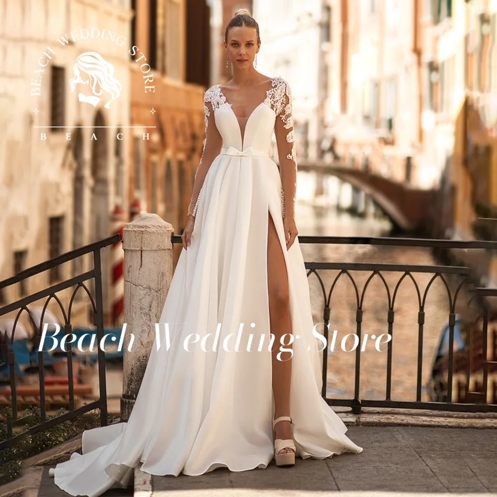 

Beach Lace Long Sleeves Simple Mordern V Neck Illusion Satin Bridal Dresses with High Slit Elegant Vestidos De Novia Customized