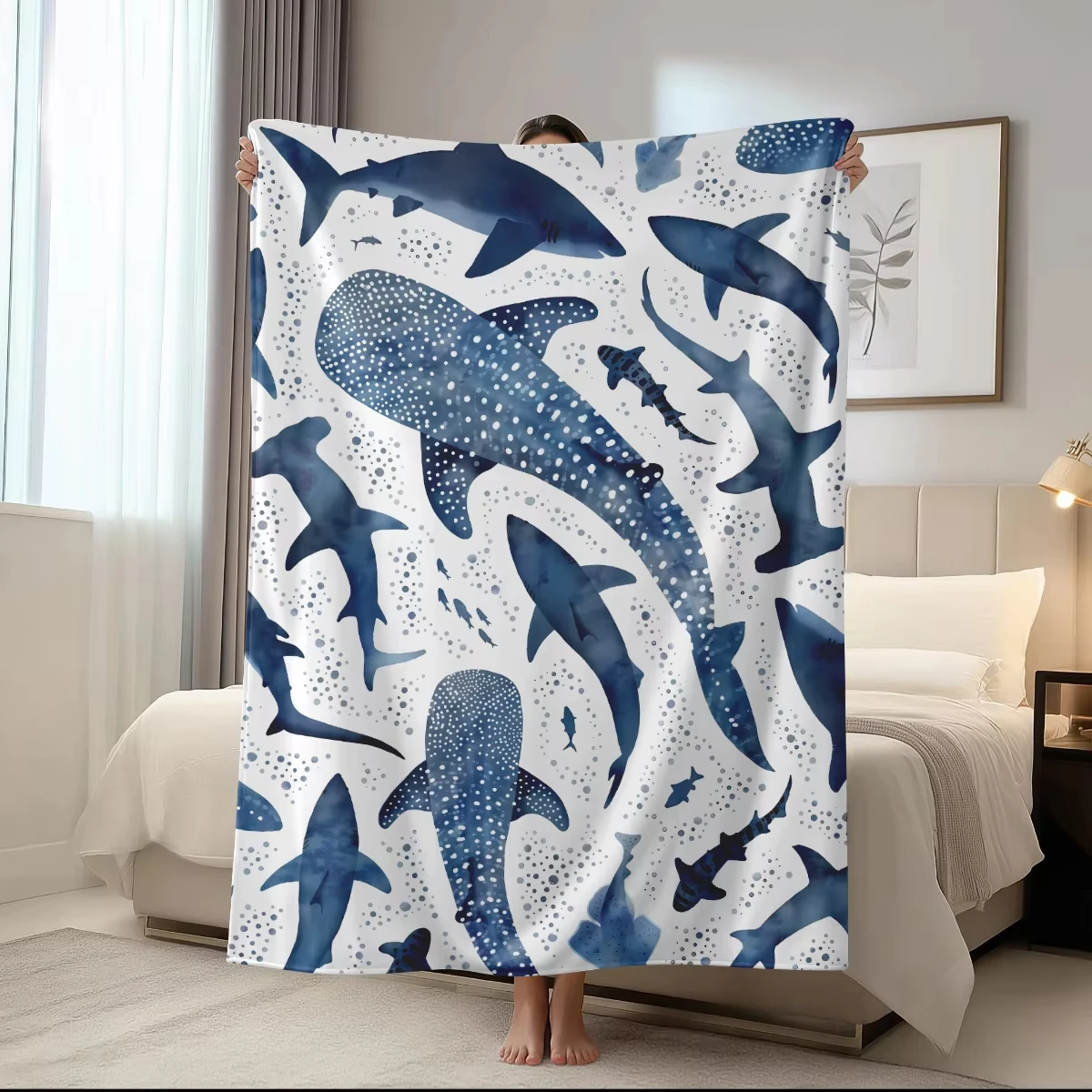 Shark Pattern  Flannel Blanket Cartoon Soft Comfortable For Sofa Bed Camping For Family Friend Holiday Travel  Gift