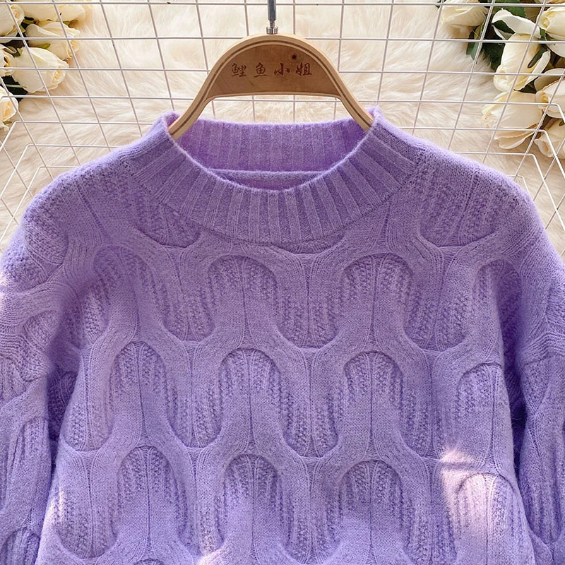 Autumn New Women Twist Knitted Sweater Short Pullover Tops Round Collar Long Sleeve Bottoming Knitwear Jumper Purple Green Blue