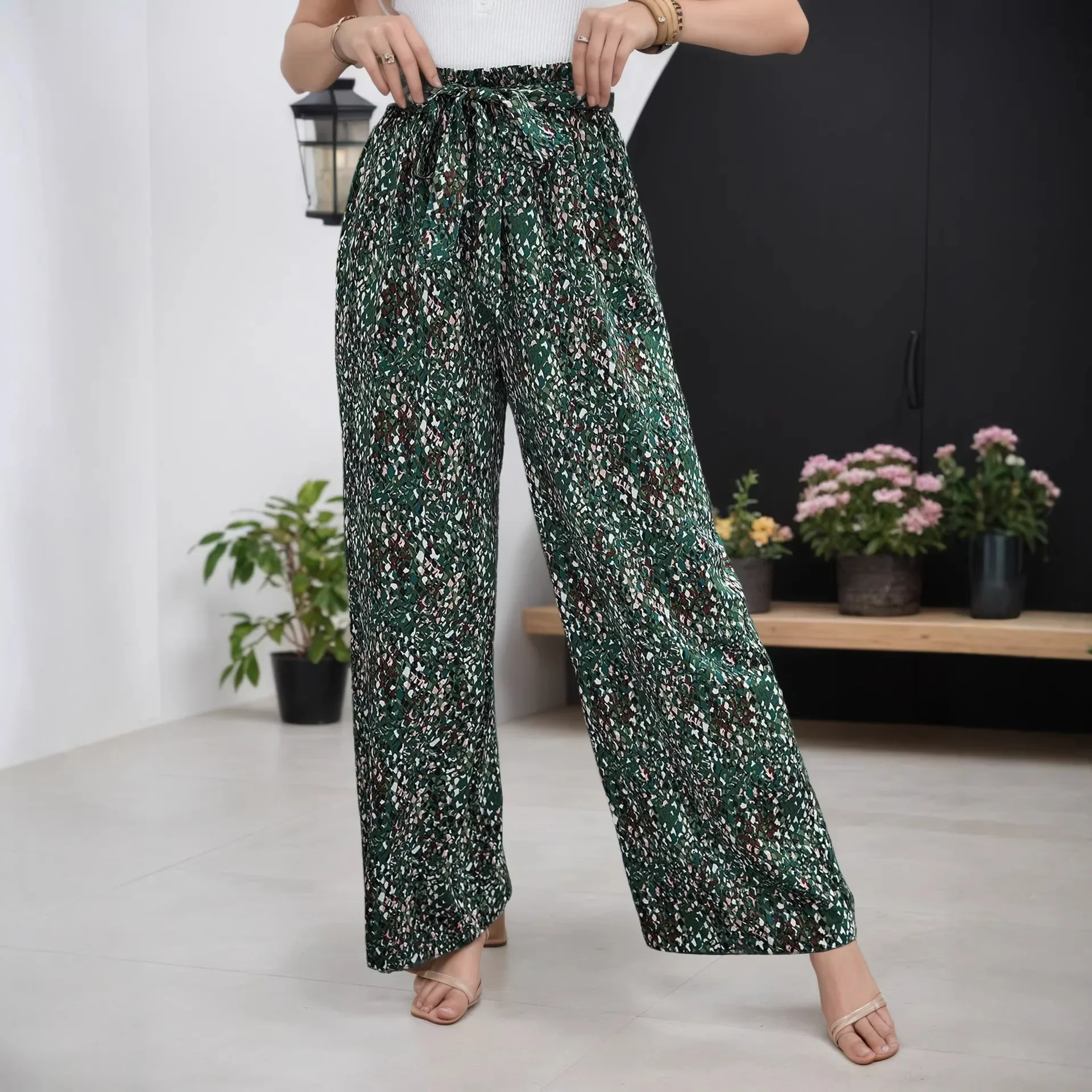 

Retro Floral Bow Lace-up High-waisted Wide-leg Pants Women's Summer Loose and Thin Casual Trousers