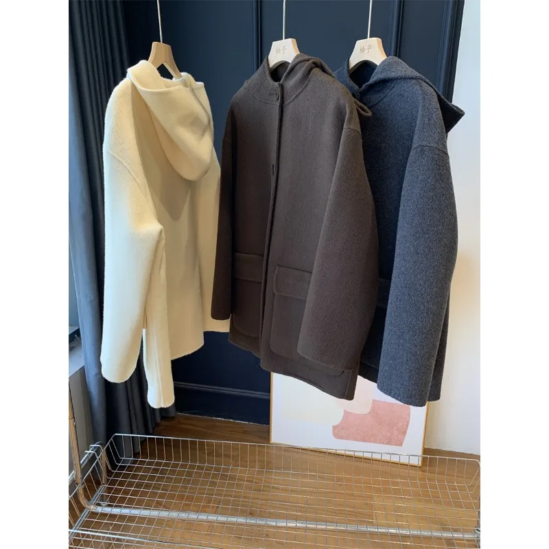 

Осень-зима двустороннее шерстяное женское шерстяное пальто с капюшоном однотонное модное элегантное женское короткое шерстяное пальто для отдыха
