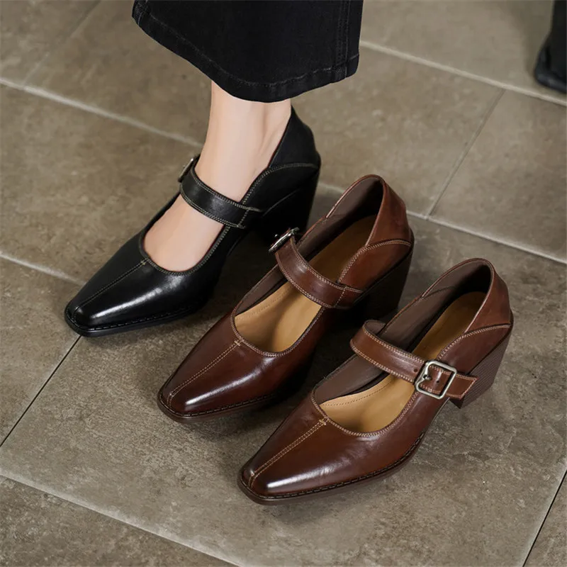 New Spring Autumn Genuine Leather Women Shoes Fashion Buckle Strap Square Toe Mary Jane Shoes for Women Horsehide Women Pumps