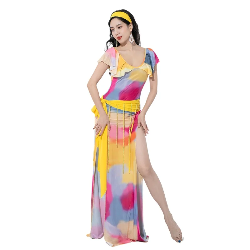 

Belly Dance Costume One Piece Skirt with Belt & Tube Top Shaabi Badi Rbe for Adult Women Stage Performance Practice Clothes