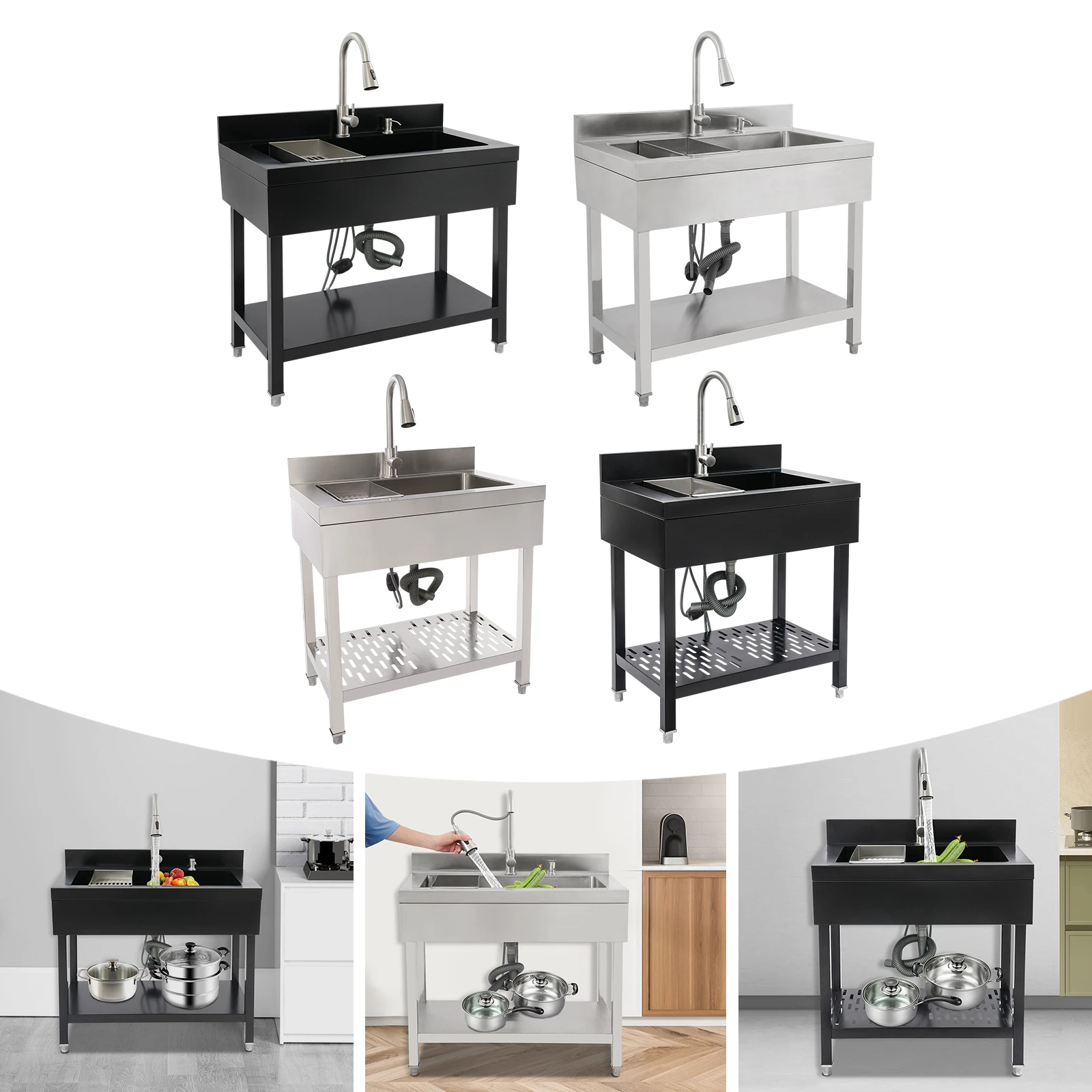 Évier utilitaire autoportant en acier inoxydable 75x42cm/55x36cm, éviers pour linge et salle utilitaire, bol simple rectangulaire noir/argent