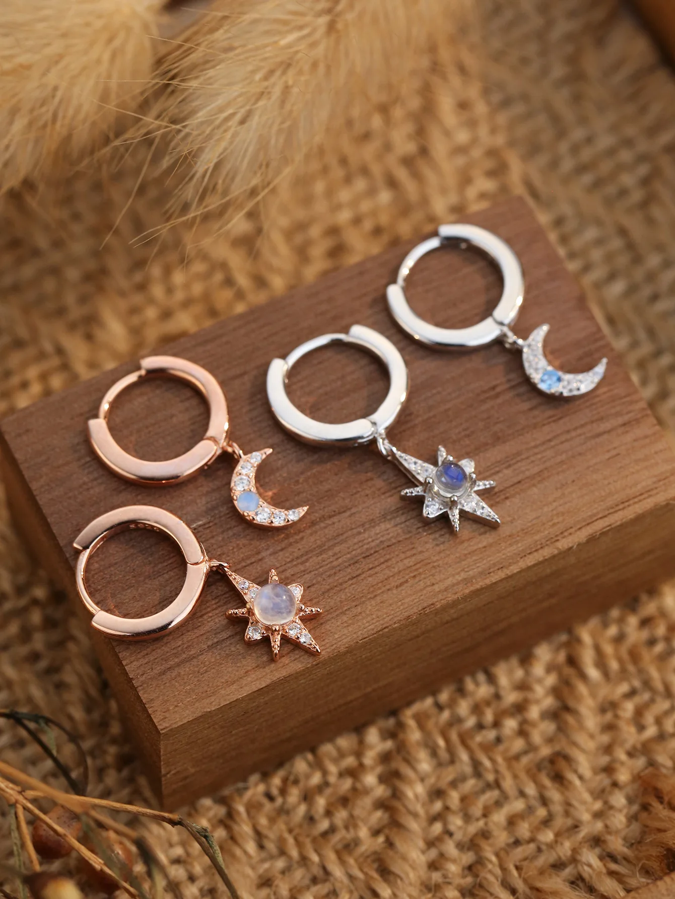 

Stud Earrings Made of Pure 925 Silver Moon Stone and Zircon with Star or Moon shape Pendant for Daily Wearing or as Gift Choice