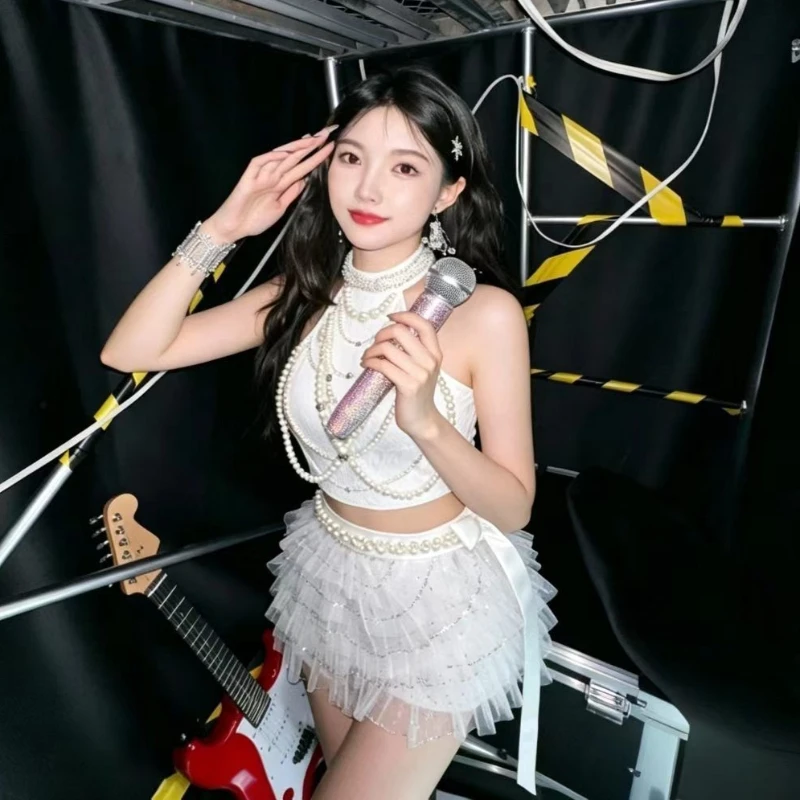 Sexy Clubwear White Pearl Feather Trim Halter Neck Tiered Cake Skirt 2 Piece Set Women Girls Gogo Dance Stage Performance Outfit - view 5