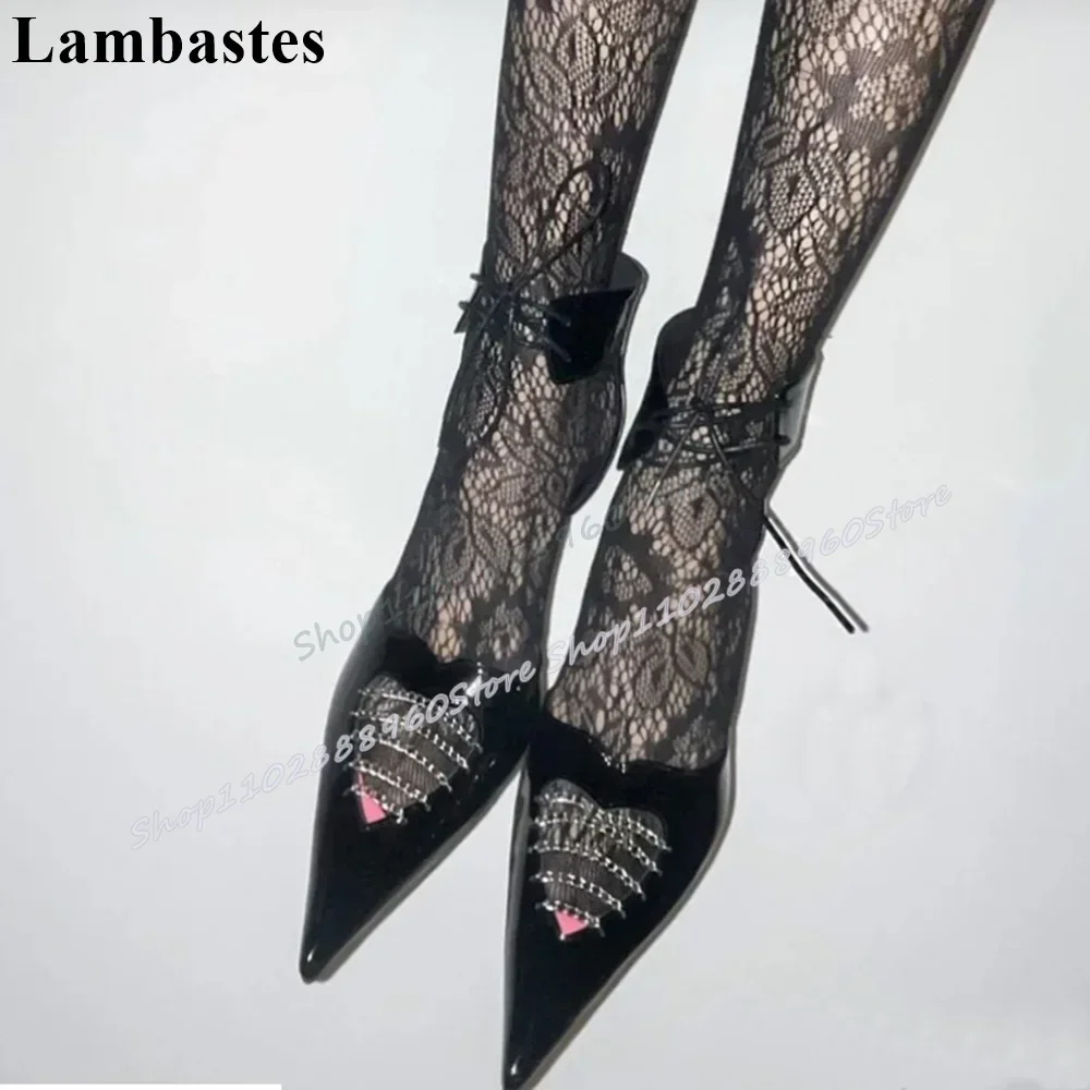 

Pointy Black Glossy Leather Hollow Heart Chain Sandals Thin High Heel Women Shoes Lace Up Pointed Toe Sexy Banquet Women Sandals