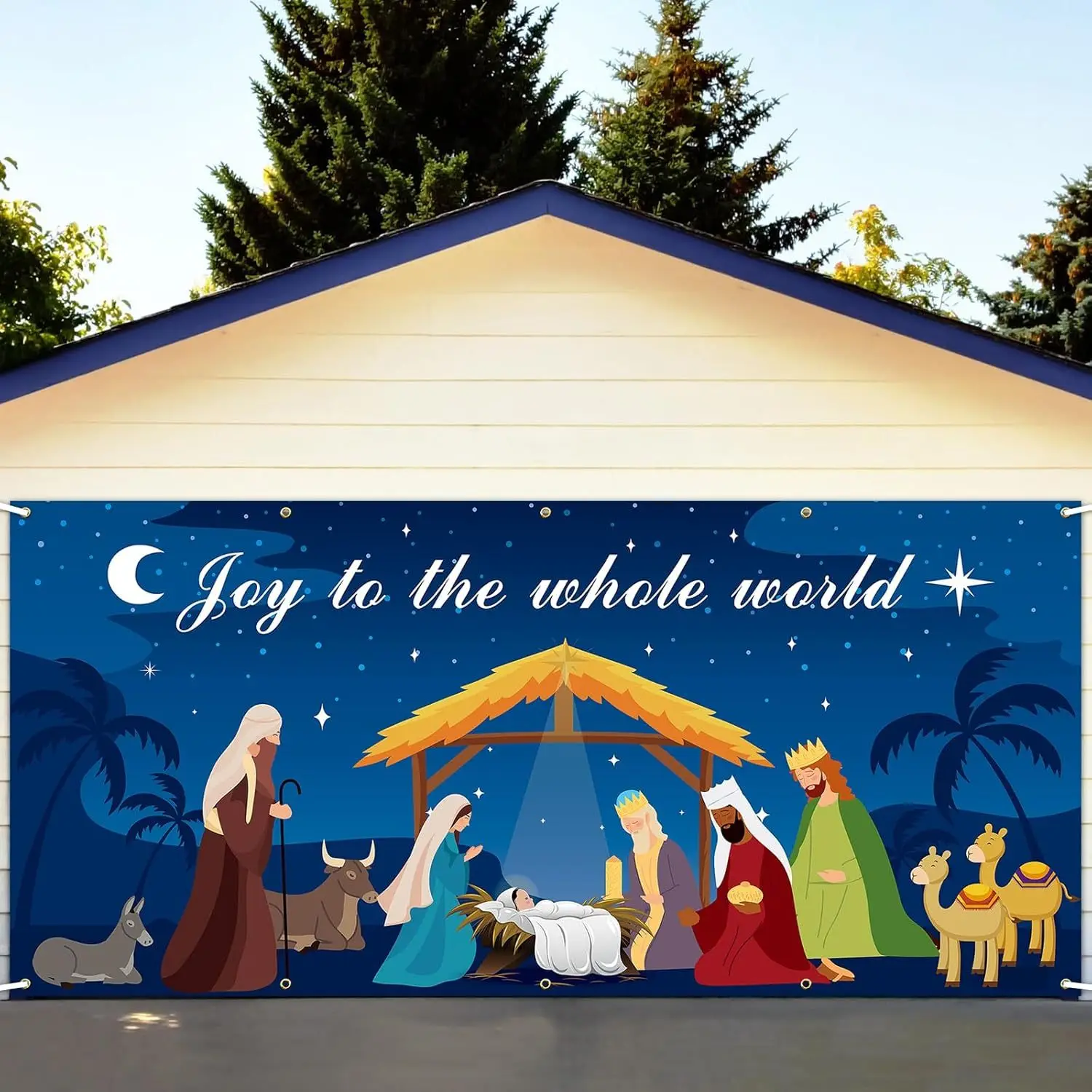 

Christmas Garage Door Cover Backdrop Decorations - Joy to The Whole World Holy Night Nativity Scene Jesus' Birth Design