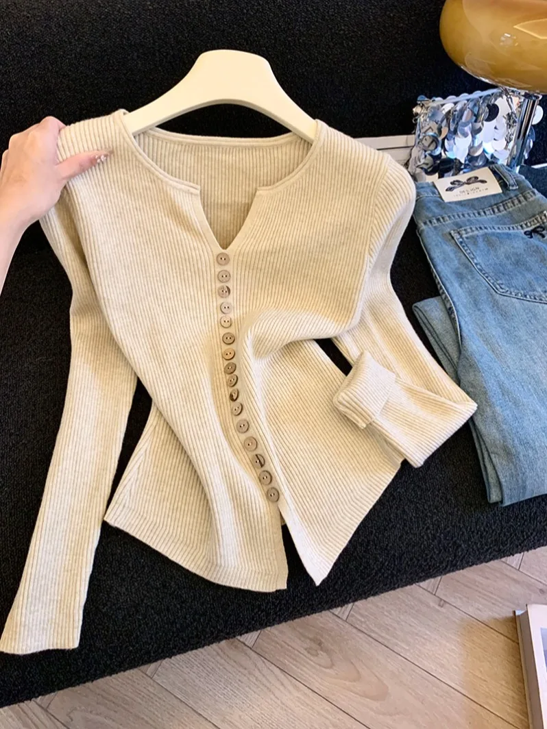 

i Ретро V-Ne Long Sve вязаный свитер, женский осенне-зимний облегающий свитер с застежкой на талии, внутренняя одежда Base irt