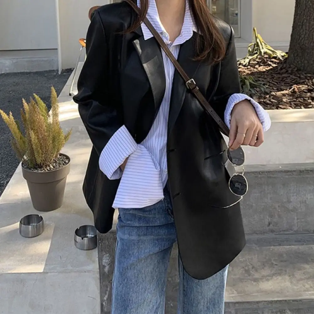 

Fashion Lapel Collar Leather Jacket Women Korean Chic Outerwear Vintage PU Coats Loose Retro Suit Leather Jacket Holiday