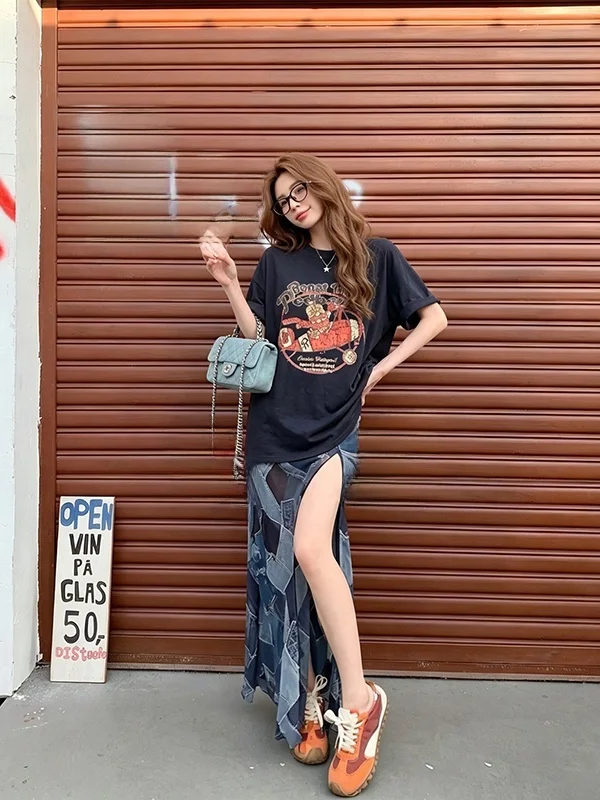 

Korean Retro Print Short Sleeve Lazy Style Slimming Versatile Top And Half Skirt Two Piece Set Plaid Splicing Design Summer O...