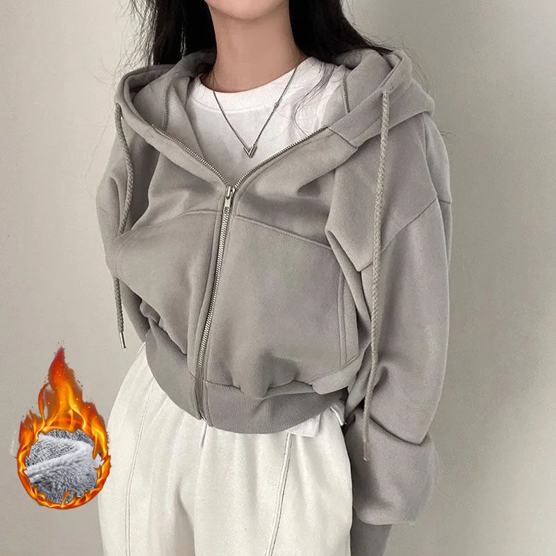 Damen Einfarbiger Kapuzenpullover mit Reißverschluss, Kurze Version, Dick, Warm, Schlicht, Einfarbig, Modisch, Alltagstauglich, Lässiger Hoodie-Oberteil