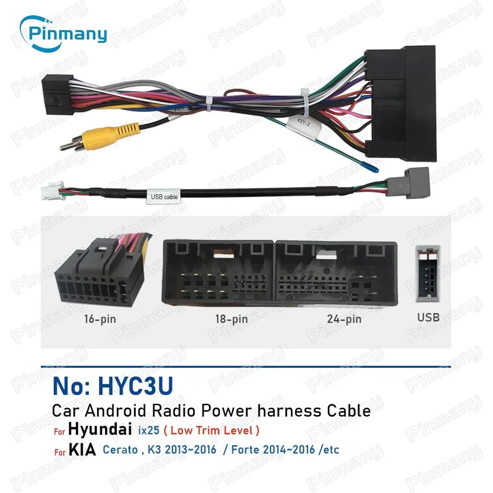 Car Radio Cable Adapter Android Head Unit Audio Power Wire Harness Socket Connector HYC3 For Hyundai ix25 KIA Cerato Forte K3