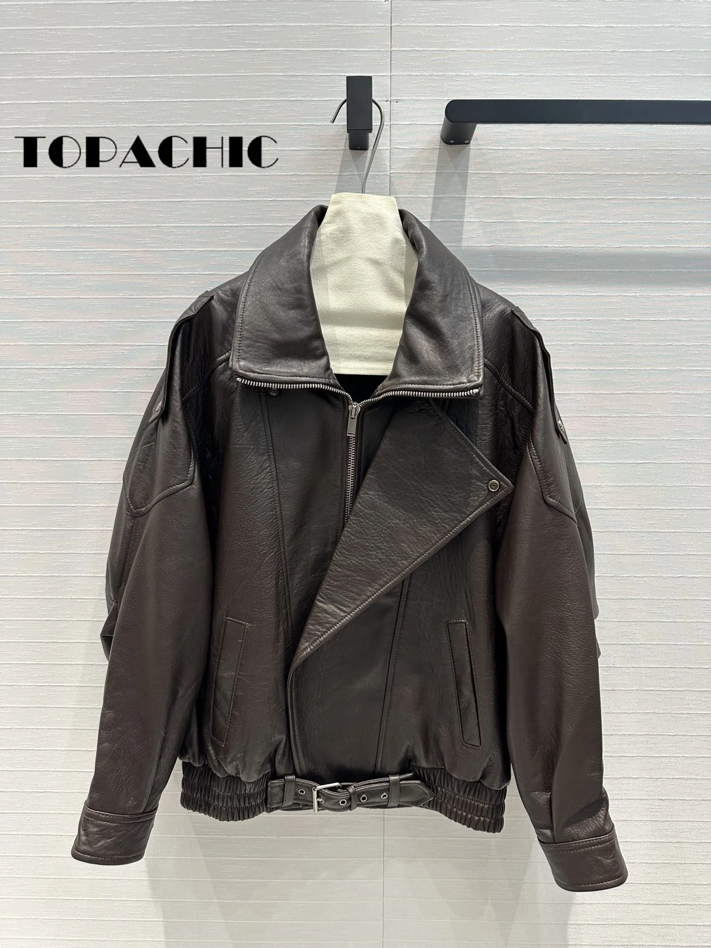 8.14 TOPACHIC-Women Classic Moto Biker Double Lapel Sheepskin Jacket Hem Sashes Elastic Collect Waist Zipper Long Sleeve Coat