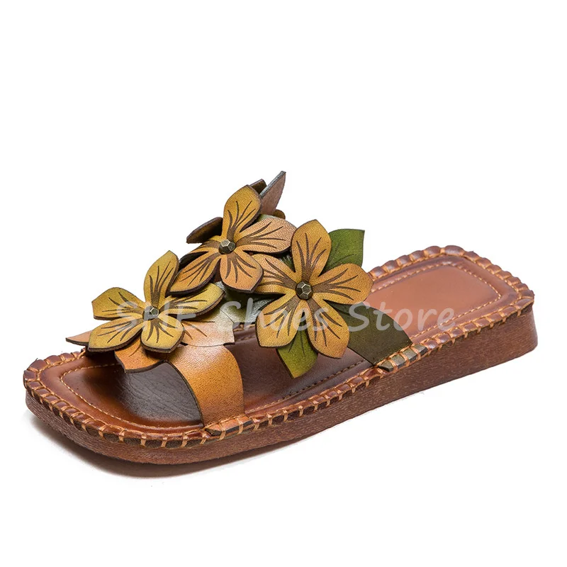 

Bohemian Style 3D Flowers Decor Sewing Genuine Leather Women Slippers Summer Breathable Square Toe Soft Bottom Ladies Sandals