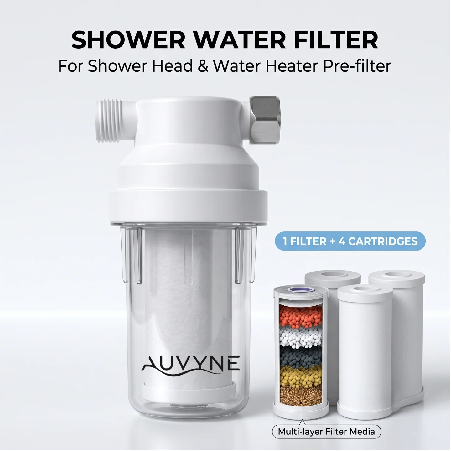 Shower Water Filter for Chlorine & Heavy Metal Removal, Softens Hard Water for Skin & Hair Health, with 5 Filters, Universal Fit