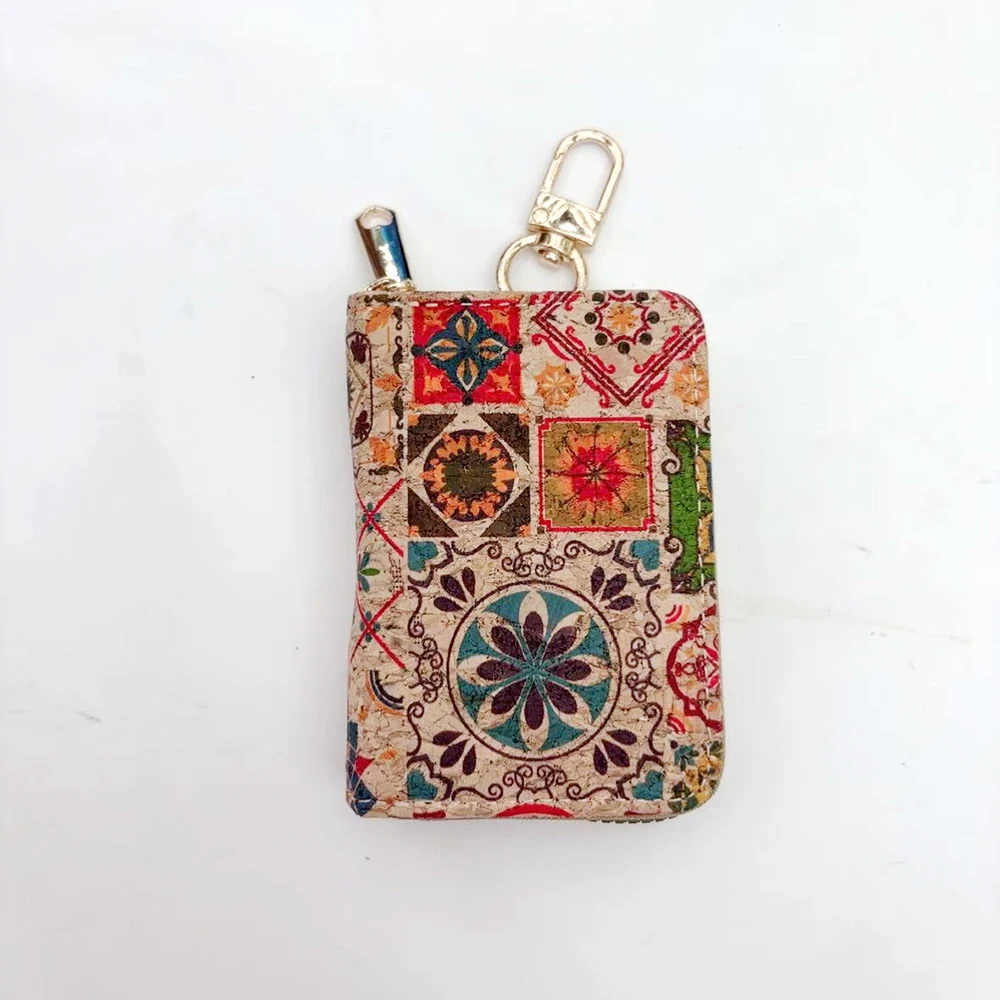 8pcs Key Bags Cork Leather Retro Blue Geometry Fish Printing Vertical Style Key Case Pouch for Door Keys