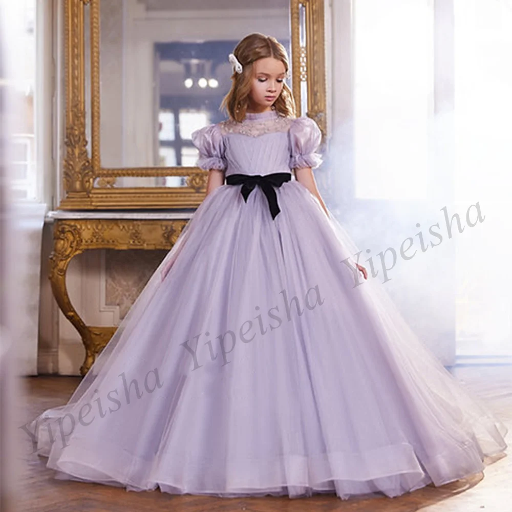 

Short Sleeves High Neck Flower Girl Dress Beading Sequin Sweep Train Ball Gown Birthday Party Dresses Lilac Communion