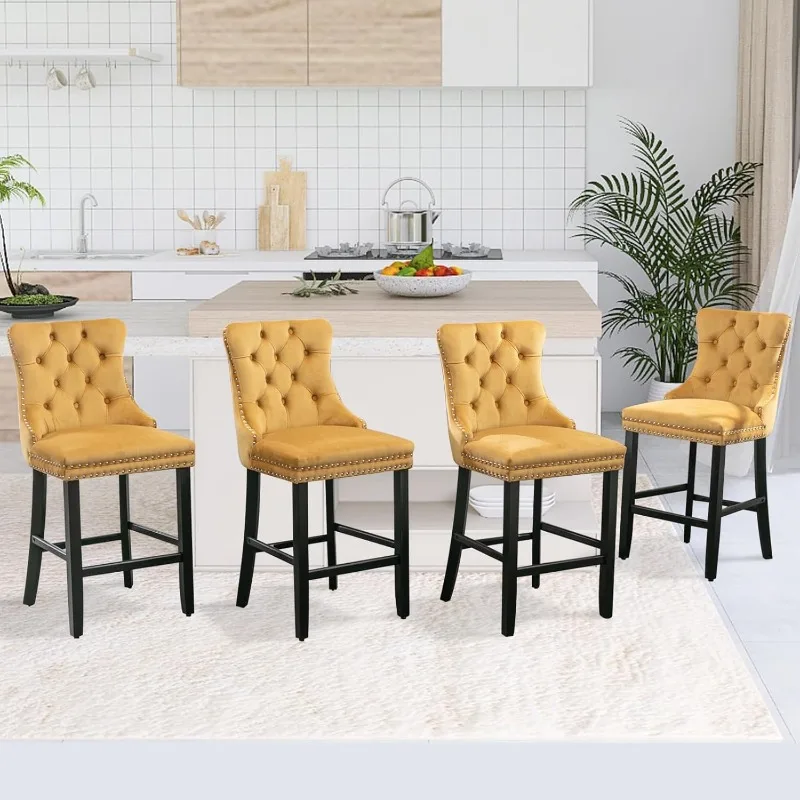 

Modern Velvet Upholstered Bar Stools Set of 4 with Wood Legs Chrome Nailhead Counterstool Seat Armless Bar Chairs (Gold)