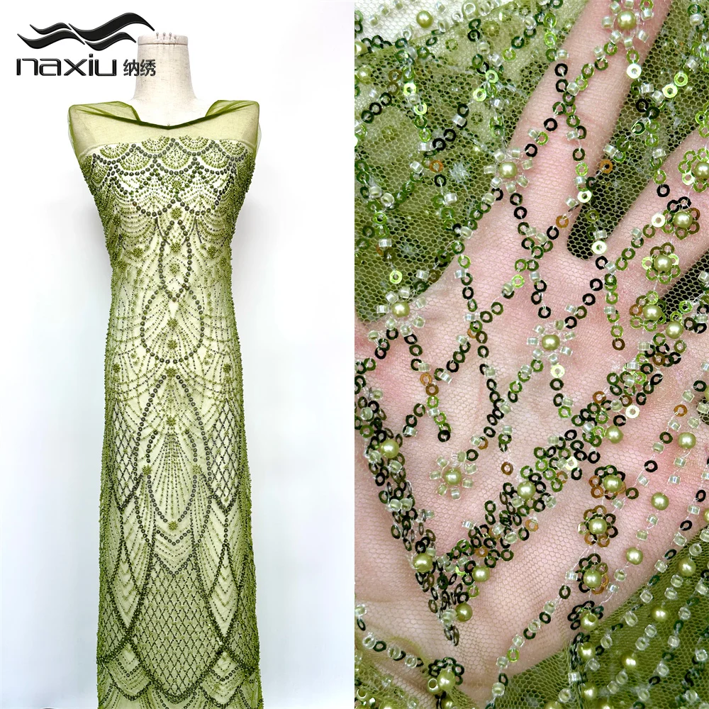 

Madison 2026 Newest African Sequin Lace Fabric French Beaded Embroidery Tulle Mesh Lace Fabric for Wedding Party Dress Sewing