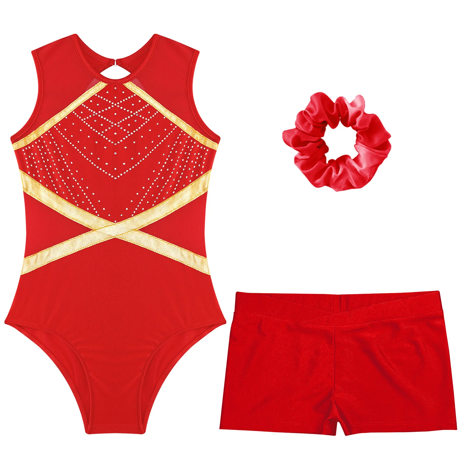 Kids Girls Rhinestones Leotard Ballet Gymnastics Dance Outfits Set Sleeveless Patchwork Dancewear with Shorts for Performance