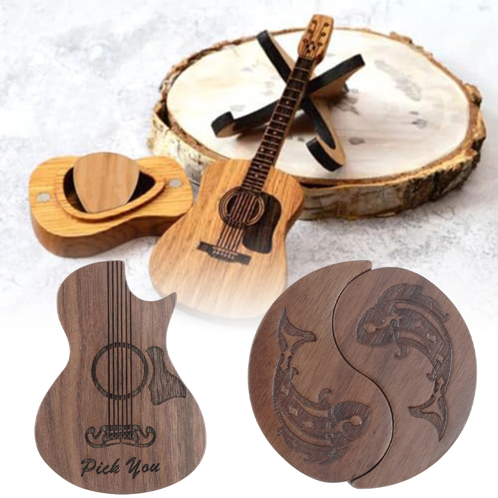 2/3PCS Wooden Tai Chi Guitar Pick Box With Guitar Picks Holder Case For String Instruments Acoustic Guitars Electric Basses