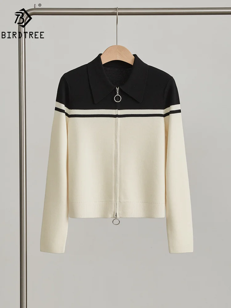 

BirdTree, 100%Merino Wool Elegant Cardigan, Women Long Sleeve Patchwork, Casual Fashion Knit Jacket, 2024 Summer Autumn C47038QM