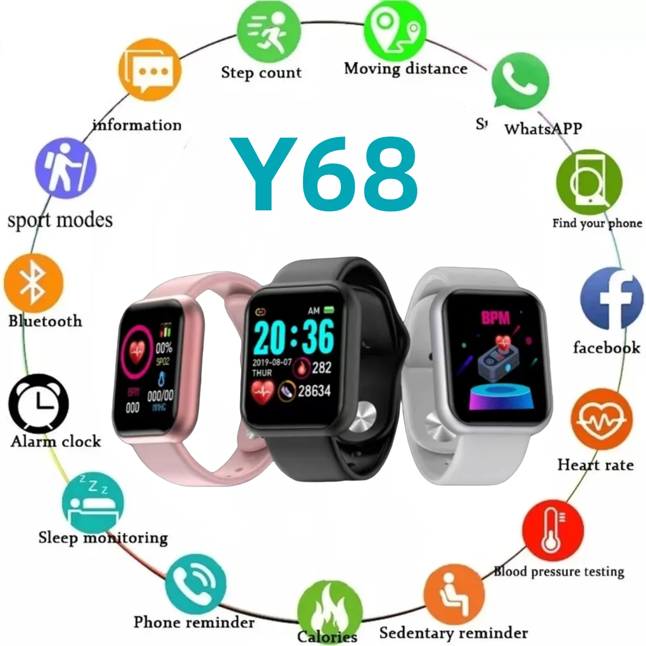 Y68 Adult Smart Watch Bluetooth Fitness Tracker Sports Watch Heart Rate Monitor Blood Pressure Smart Bracelet for Android IOS