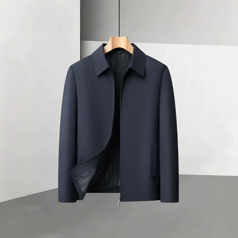 Men Lapel Collar Zip Jacket Long Sleeve Business Casual Solid Outerwear With Inside Pocket