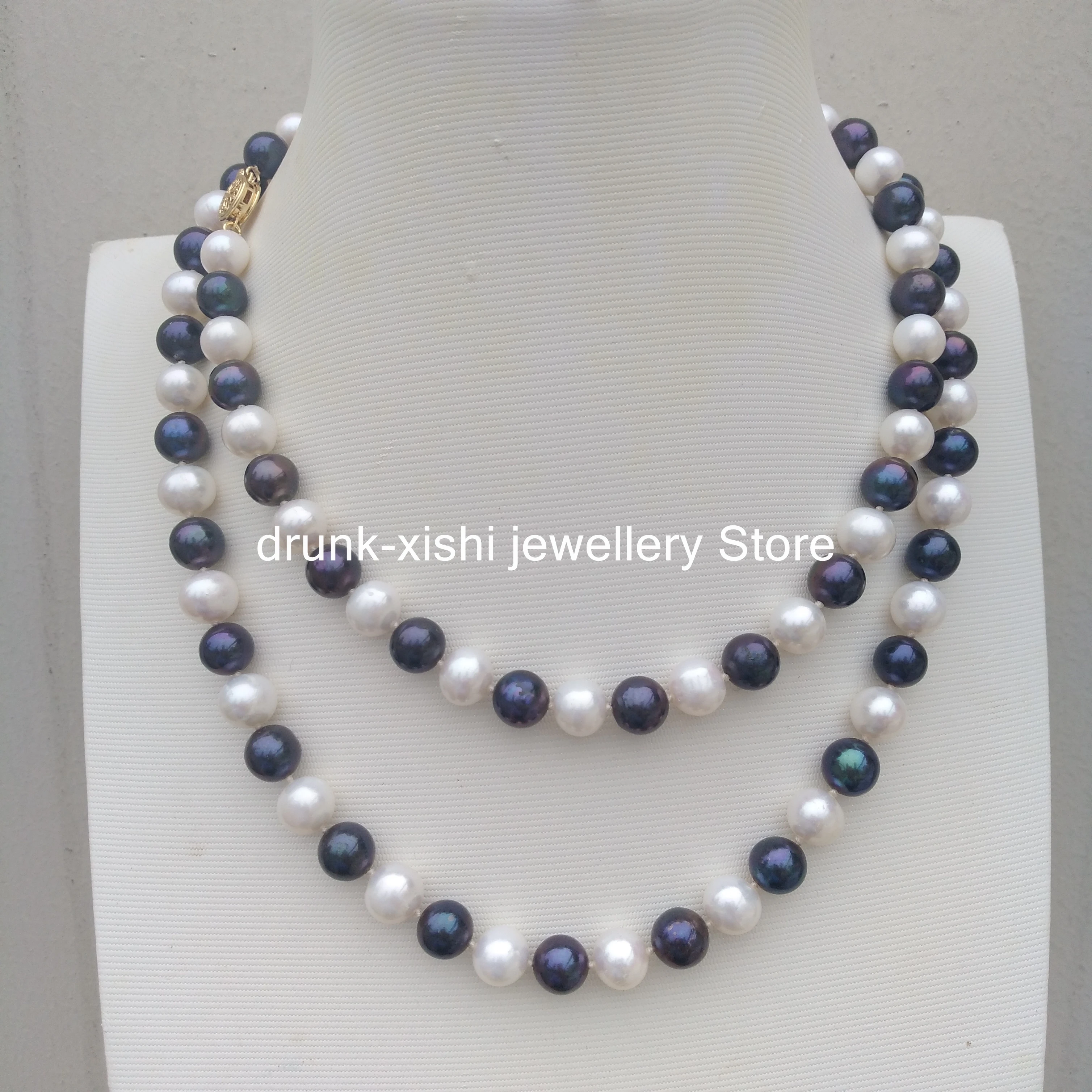 

36inch AAAA 9-10mm South Sea White Tahitian Black Pearl Necklace Fine Jewelry 925 Sliver Clasp For Party