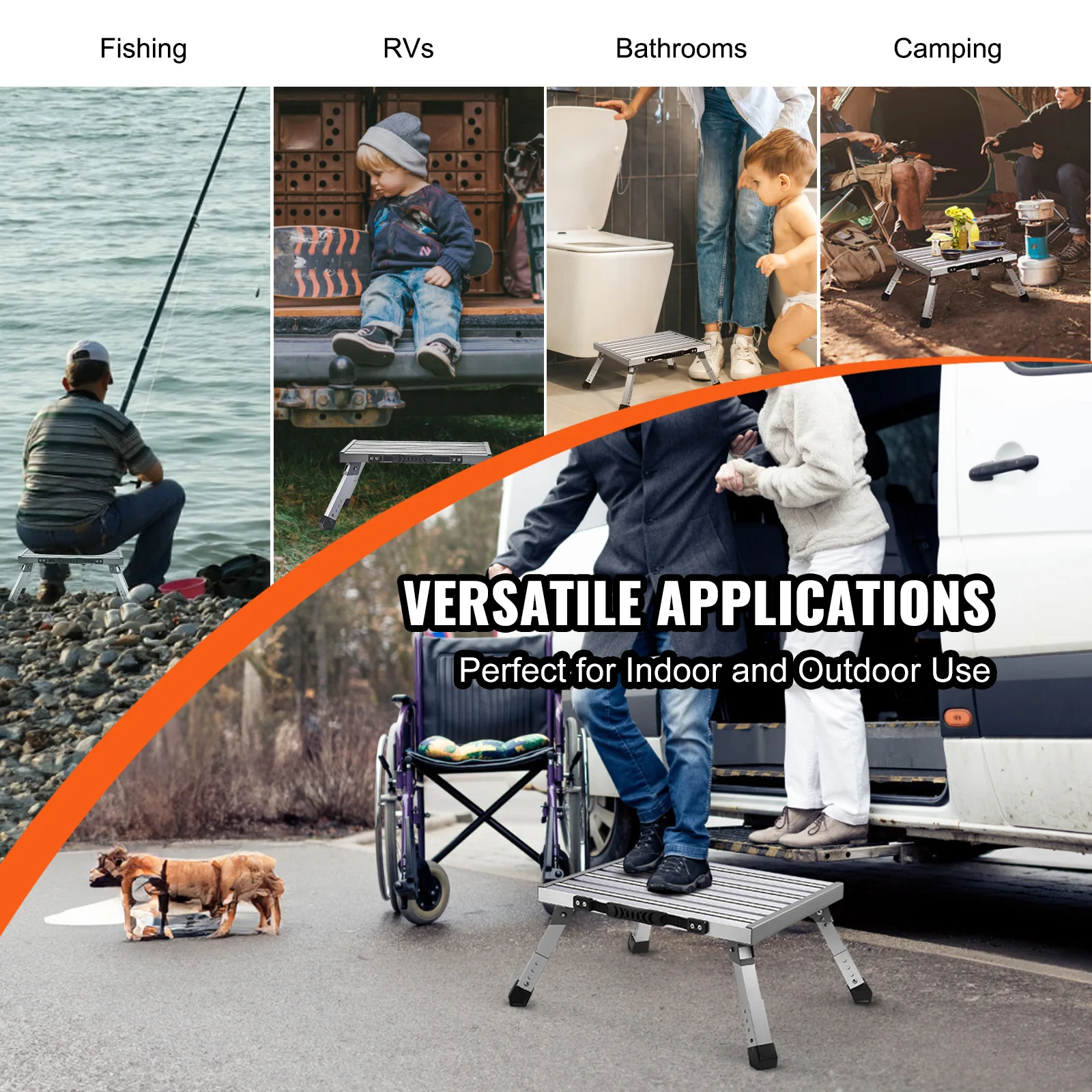 VEVOR RV Steps Aluminum Alloy Folding Platform Step Adjustable Height Portable Step Stool with Anti-Slip Surface Rubber Feet