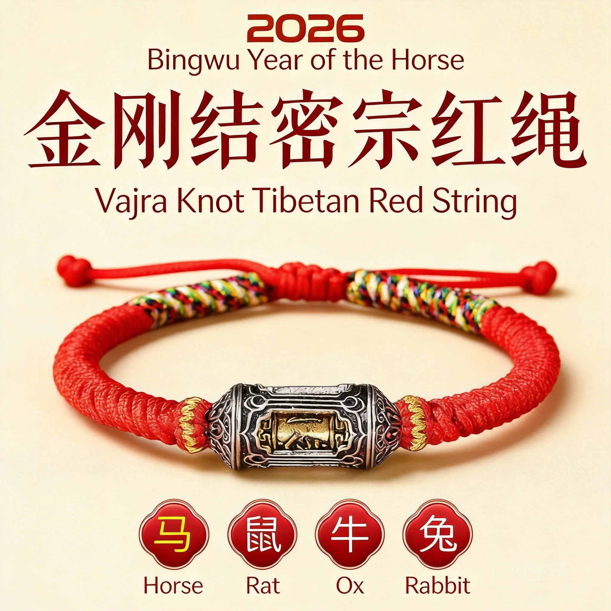 Chinese Zodiac 2026 Year Of Horse Lucky Red String Bracelet Tibetan Six Word Mantra Bead Handmade Braided Rope Fortune Blessing