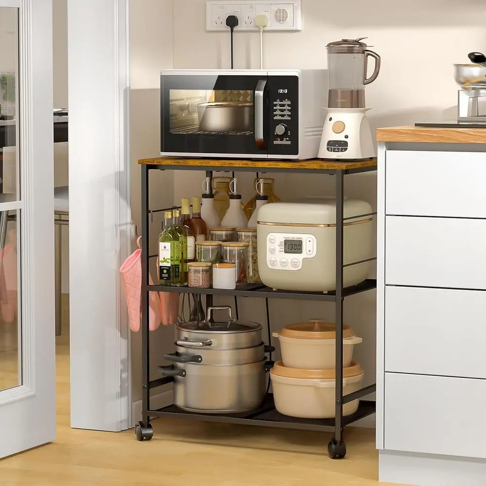 Rolling Kitchen Microwave Cart, 3 Tier Table Stand with Storage, Utility Cart on Lockable Wheels, Small Coffee Cart Shel Rack Or