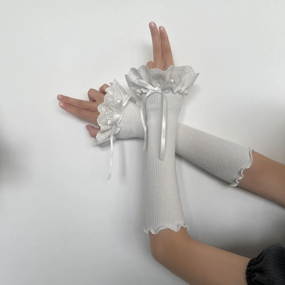 1 Pair 30cm Fingerless Arm Sleeves Elastic Ruffle Cuff Long Length Ruffle Sleeves For Women Fingerless Design Sun Protection