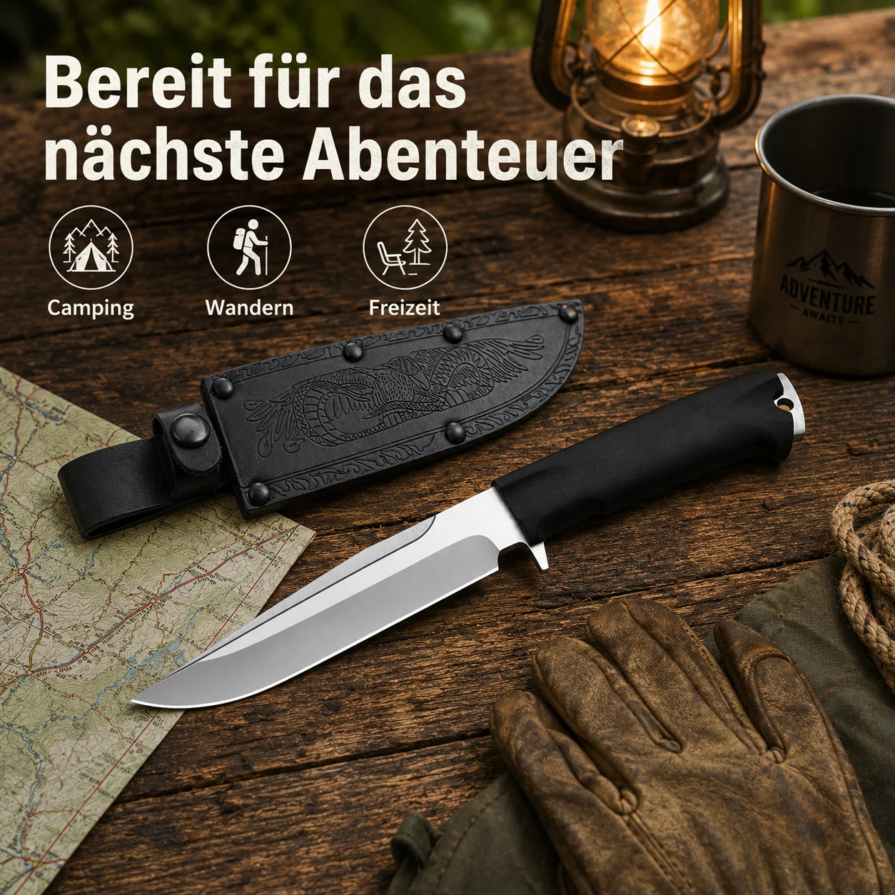 Cuchillo Utilitario de Hoja Fija de 29 cm para Exteriores con Mango Ergonómico de Plástico, Hoja con Recubrimiento Negro y Funda con Relieve para Camping