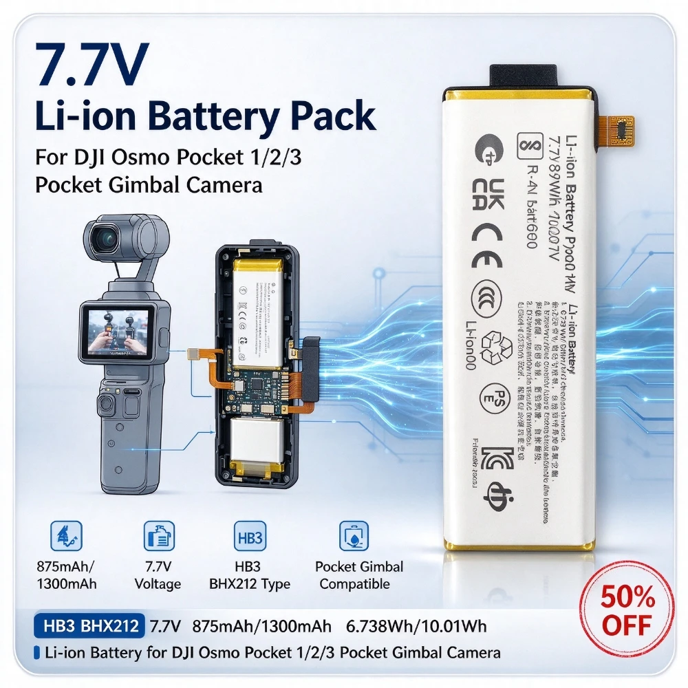 HB3 BHX212 7.7V 875/1300mAh 6.738/10.01Wh Replacement Li-ion Battery for DJI Osmo Pocket 1/2/3 Pocket Gimbal Camera Battery