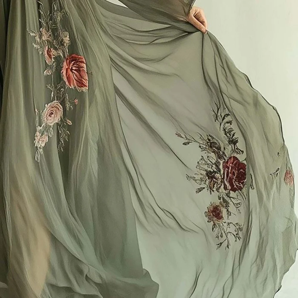 여성 빈티지 플로럴 자수 맥시 드레스 딥 V넥 시스루 롱 슬리브 하이 웨이스트 A라인 쉬폰 파티 이브닝 가운 드레스