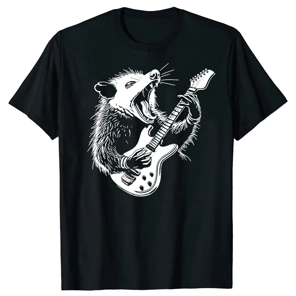 Possum Playing Electric Guitar Animal Music Musician T Shirts Summer Raccoon Rat Cotton Streetwear Birthday Gifts T-shirt Men