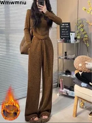 Korea Warm Velvet Lined Women 2 Piece Sets Fall Winter Casual Hooded Jackets Tops Outfit Lace-up High Waist Wide Leg Pants Suit