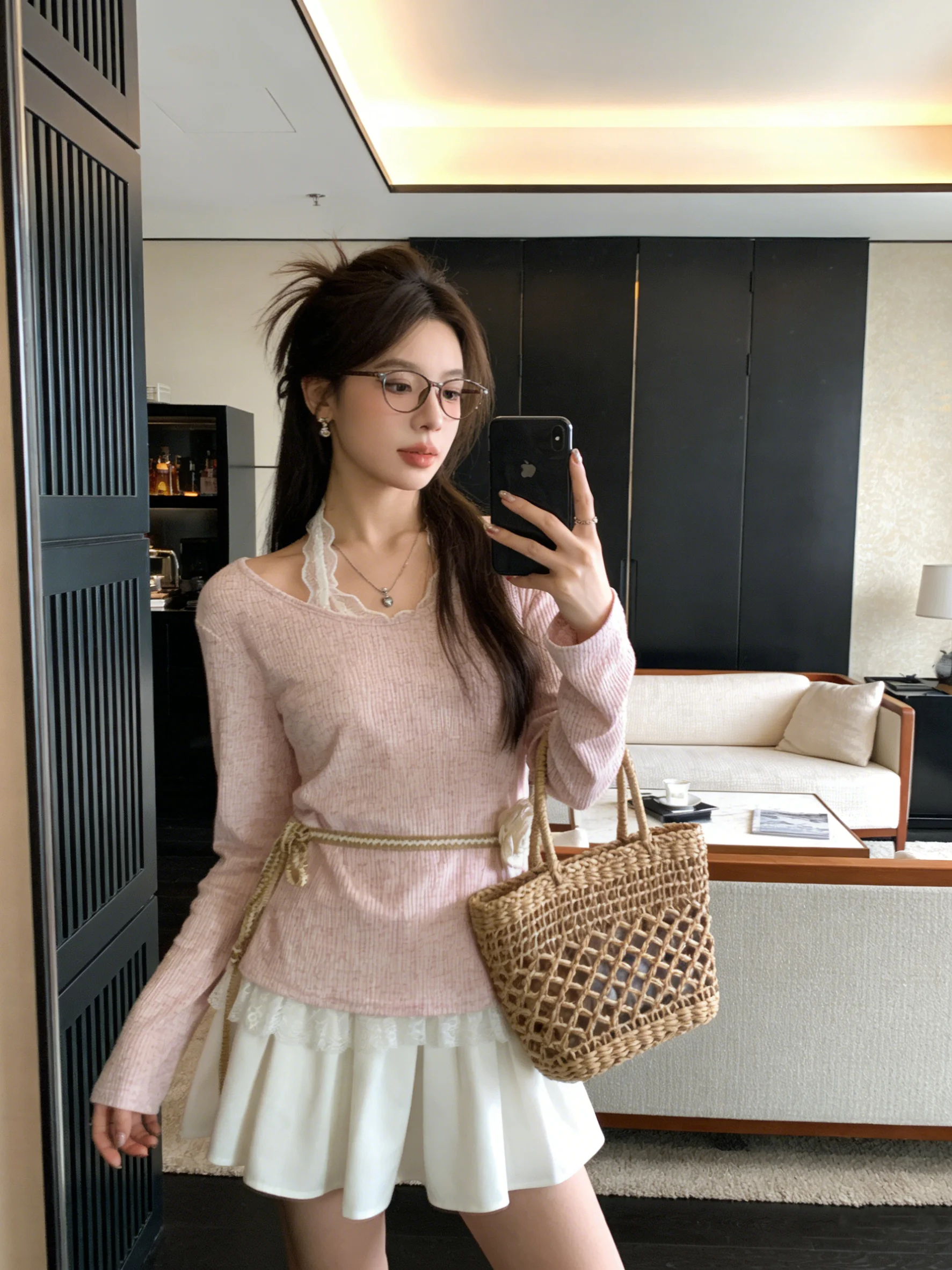 

Нежно-розовая кружевная футболка с воротником, вязаная, в стиле Pure Desire, приталенная, весенняя, приятная к телу, повседневная, свободного кроя, с длинным рукавом