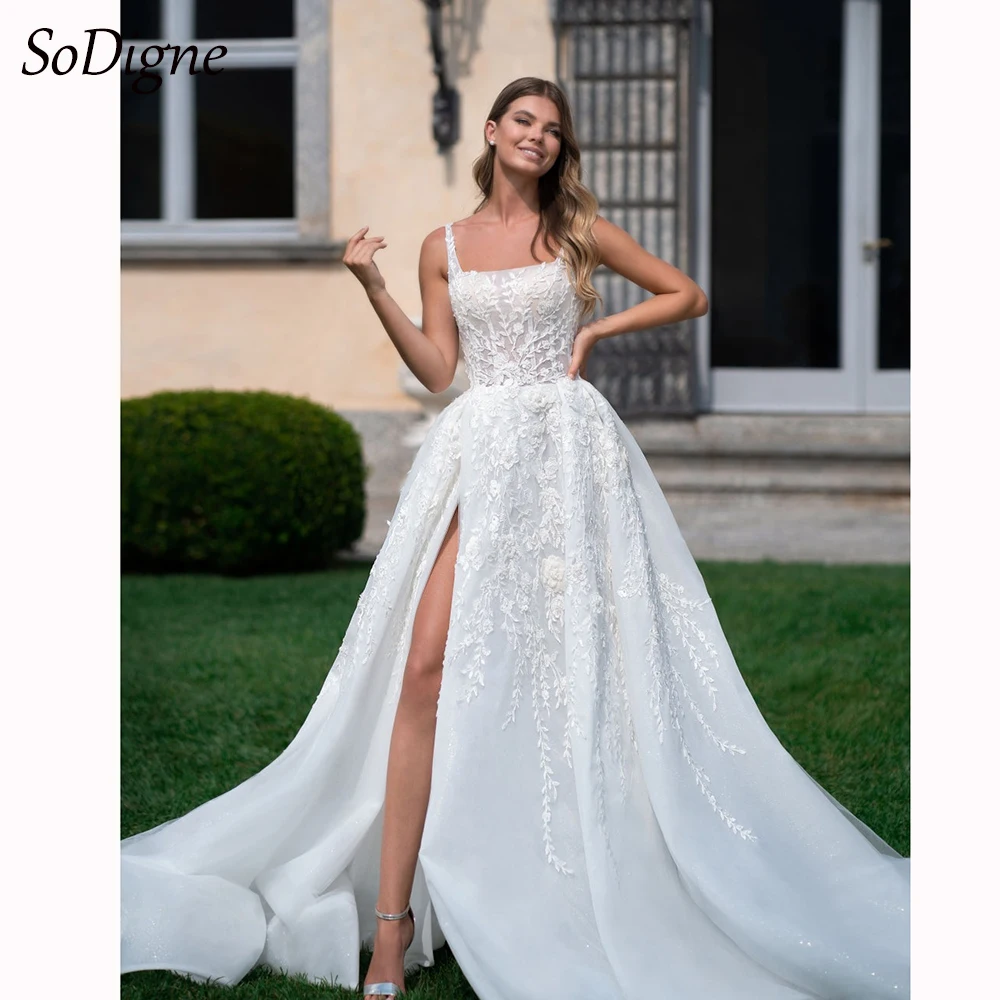 

SoDigne Luxury A-line Wedding Dresses Square Collar Sleeveless Bridal Gown Beach Backless Appliques Tulle Split Bridal Dress