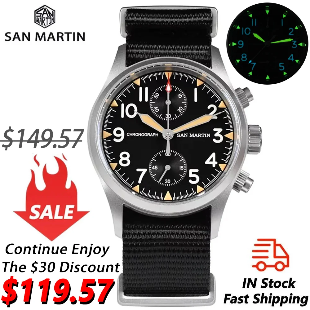 San Martin SN0120W Chronograph Watch Vintage Military Pilot Quartz Movement Watch Bead Blasted Case 100m Waterproof 37mm Watches