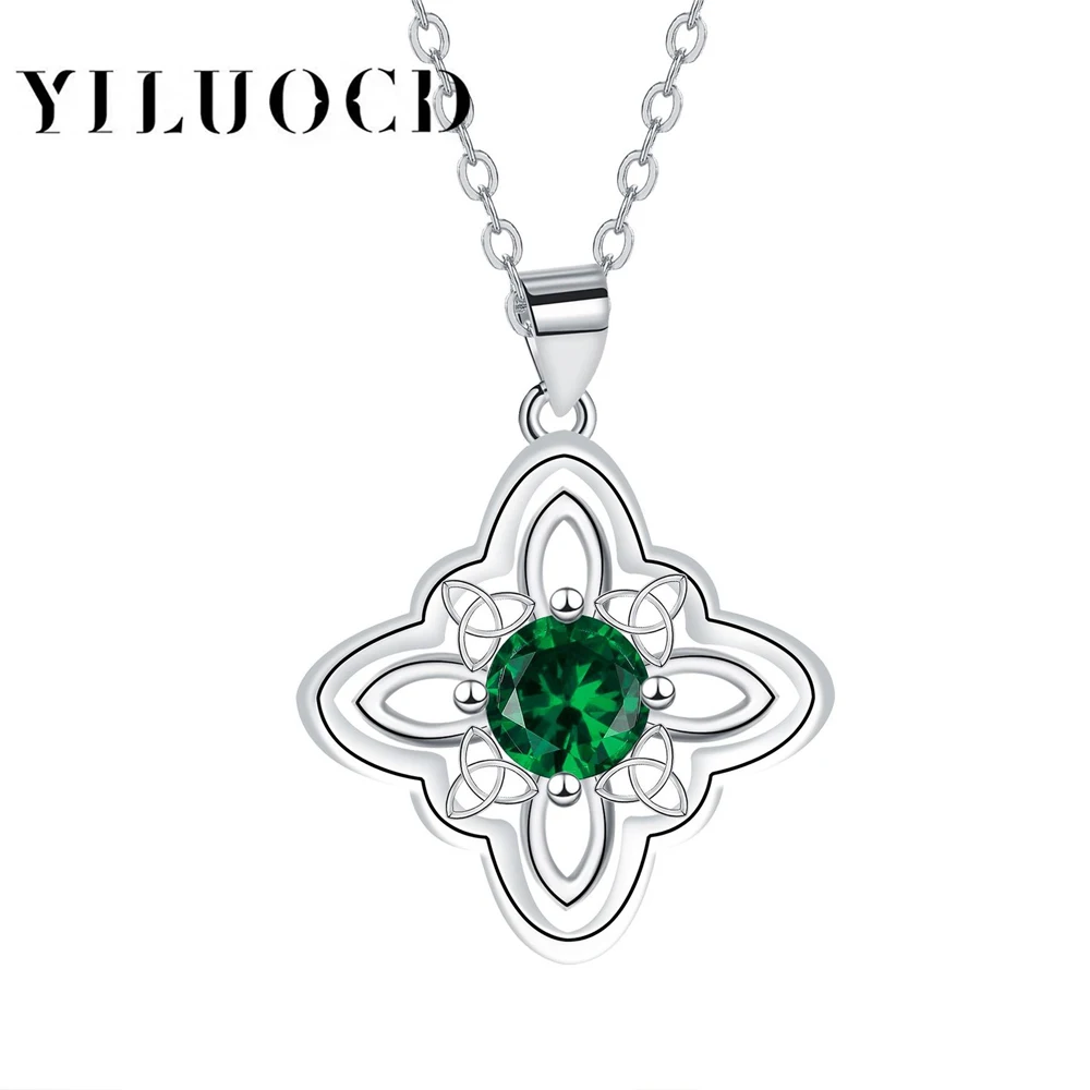 YILUOCD Thai Silver Green Zirconia Witch Knot Necklaces for Women Wicca Triquetra Celtics Knot Pendant Amulet Protection Jewelry