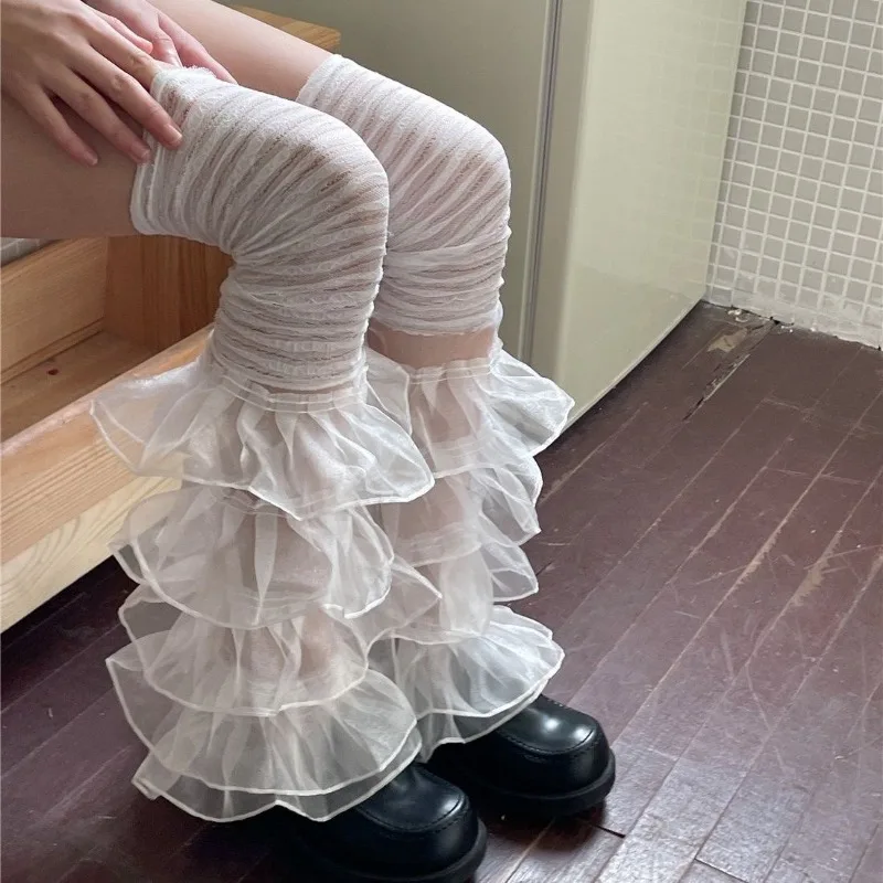 Lolita Cute Multi Layer Lace Ruffle Stacked Socks Y2k Lace Spliced Slouch Socks Hottie Thigh Bands Stacked White Leg Warmer New