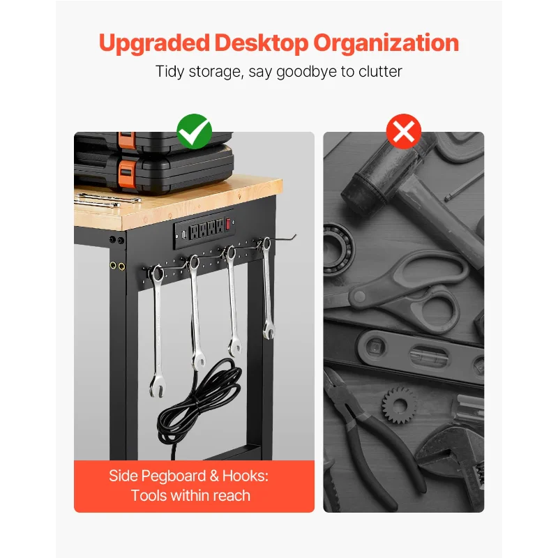 VEVOR Bancada de trabalho ajustável de 60 polegadas, carga de 2.000 libras, banco de trabalho com tomada de energia, rodas e pegboard, madeira de carvalho resistente
