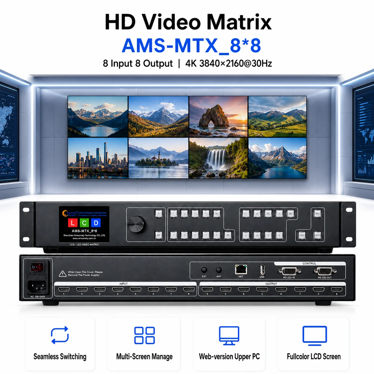 AMS-MTX_8-8 Conmutador de Matriz 4K30Hz 8X8 Profesional para Rack, Divisor y Empalmador de Matriz HD