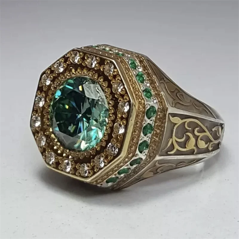 Vintage Luxury Men Rings Silver Color Round Green Stones Rings Wedding Engagement Party Bridal Ring Jewelry