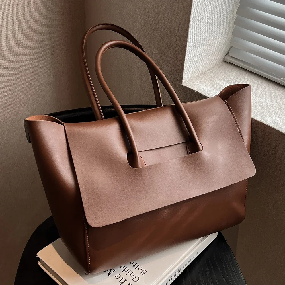 

Women Casual Commuting Bag Large Capacity PU Leather Vintage Shoulder Bag Solid Color Fashion Tote Handbag Retro Messenger Bag